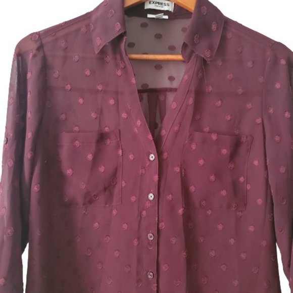 Express Women's Wine Red Slim Dotted Sheer Roll Tab Sleeve Portofino Shirt S/P - Picture 7 of 15